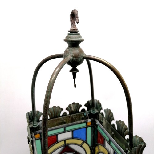 5 - Large Arts & Crafts antique stained glass hall lantern of good scale (69cm drop x 24cm square) - mis... 