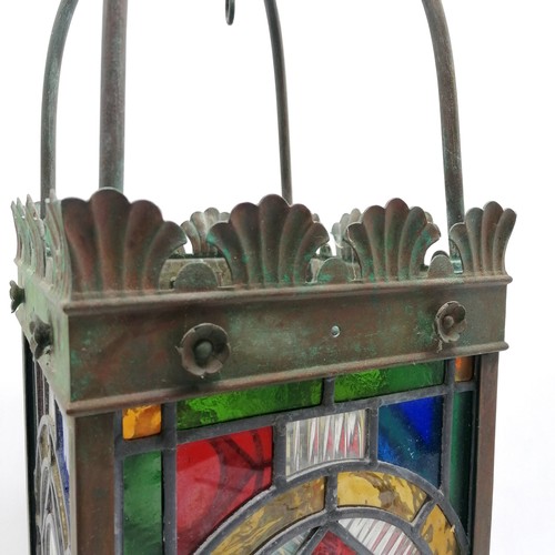 5 - Large Arts & Crafts antique stained glass hall lantern of good scale (69cm drop x 24cm square) - mis... 