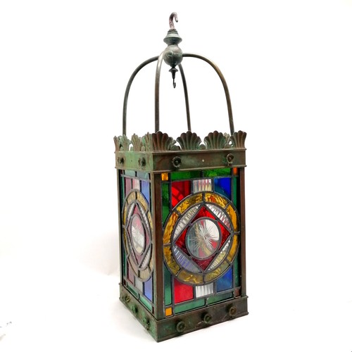 5 - Large Arts & Crafts antique stained glass hall lantern of good scale (69cm drop x 24cm square) - mis... 