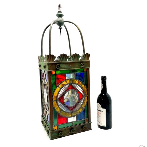 5 - Large Arts & Crafts antique stained glass hall lantern of good scale (69cm drop x 24cm square) - mis... 