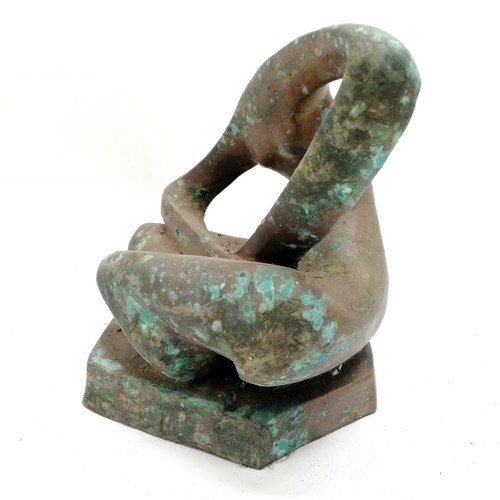 6 - Abstract bronze sculpture of a seated figure with surface verdigris - 25cm high x 23cm across