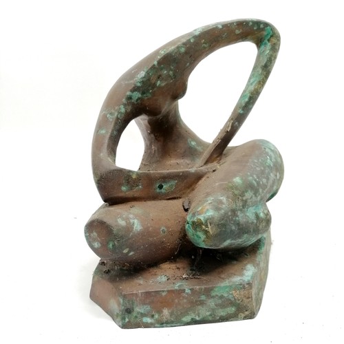 6 - Abstract bronze sculpture of a seated figure with surface verdigris - 25cm high x 23cm across