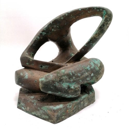 6 - Abstract bronze sculpture of a seated figure with surface verdigris - 25cm high x 23cm across