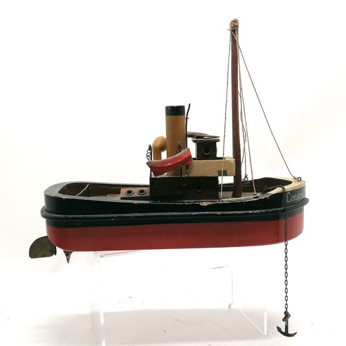 9 - Antique Triang ? clockwork model of a boat retailed by Gamages - 34cm total length x 28cm high (with... 