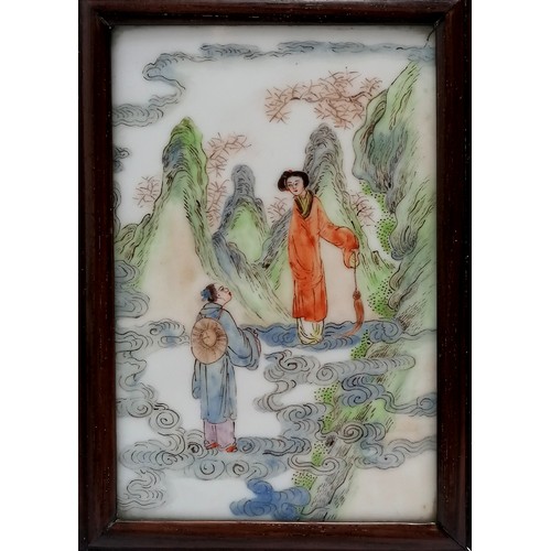 12 - Oriental Chinese porcelain plaque in hardwood frame with burrwood detail - 21.5cm x 16.5cm t/w blue ... 