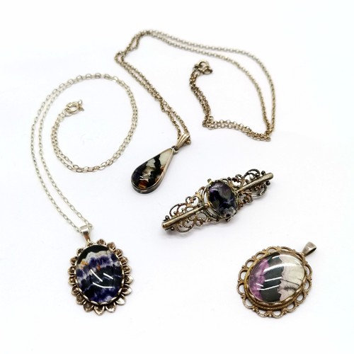 506 - 2 x blue john silver pendants on silver chains (longest 46cm) t/w silver brooch + pendant ~ total we... 