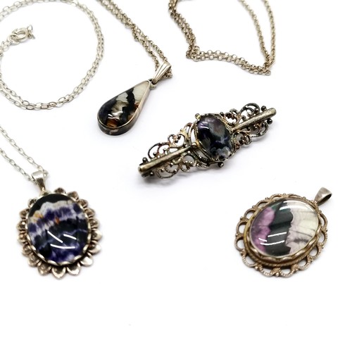 506 - 2 x blue john silver pendants on silver chains (longest 46cm) t/w silver brooch + pendant ~ total we... 