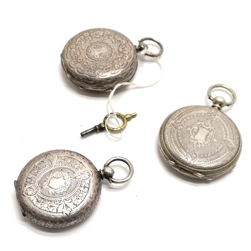 706 - 3 x antique silver cased pocket watches ~ 2 run but stop & smallest 3.6cm diameter for spares / repa... 