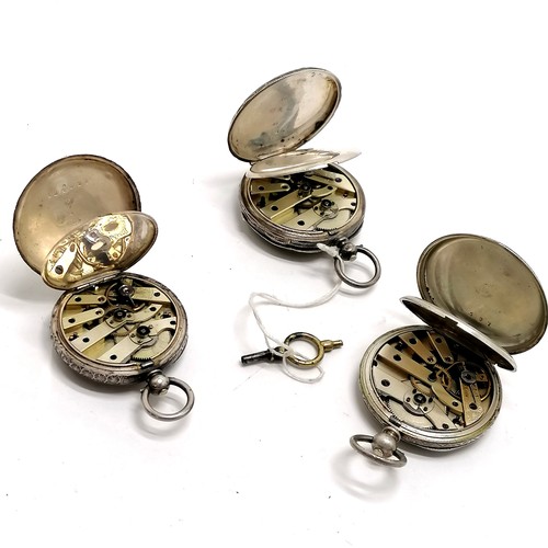 706 - 3 x antique silver cased pocket watches ~ 2 run but stop & smallest 3.6cm diameter for spares / repa... 