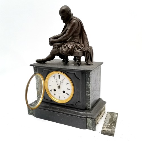 719 - Antique slate & marble mantle clock with Henry Marc (Paris) movement & shakesperian figural detail t... 