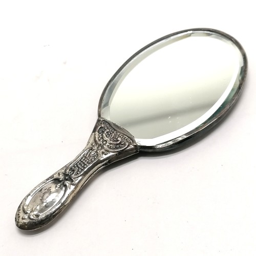 722 - 900 silver small mirror with embossed floral detail - 12.5cm long & 45g total weight