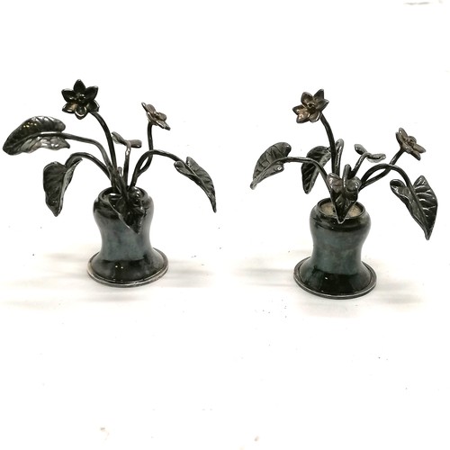 740 - Ditty Peto Italian silver pair of miniature vase of flowers ornaments - 6.5cm high & 174g total weig... 