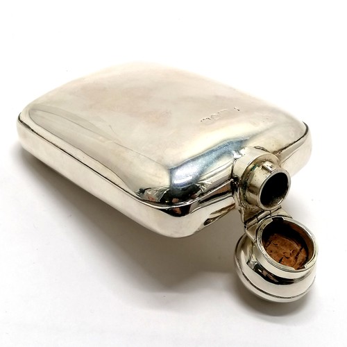 755 - Silver hallmarked (marks rubbed) hip flask - 13cm x 7.4cm & 130g total weight ~ signs of use