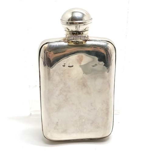 755 - Silver hallmarked (marks rubbed) hip flask - 13cm x 7.4cm & 130g total weight ~ signs of use