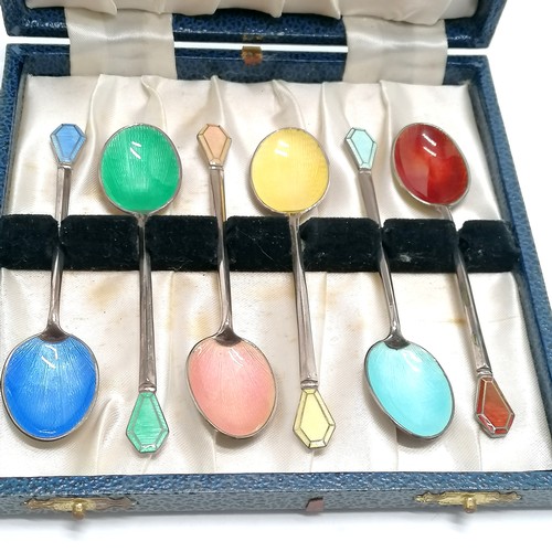 762 - 1964 cased set of 6 x harlequin enamel coffee spoons in a fitted box by Haseler & Restall - spoons 1... 