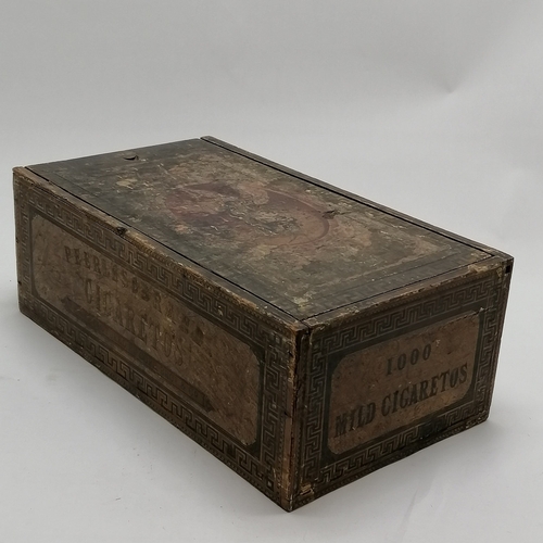 143 - Antique Cope Bros 1000 cigarettes wooden advertising box with sliding lid & greek key detail - 42cm ... 