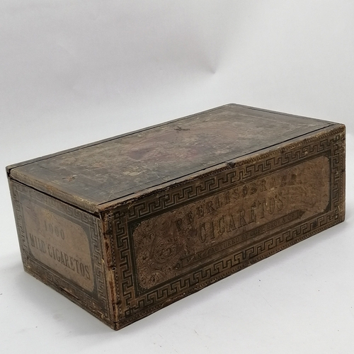 143 - Antique Cope Bros 1000 cigarettes wooden advertising box with sliding lid & greek key detail - 42cm ... 