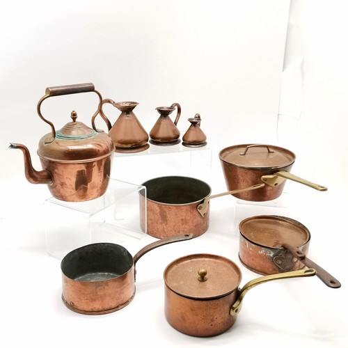 157 - Quantity of antique and later copper pans, kettle and jugs