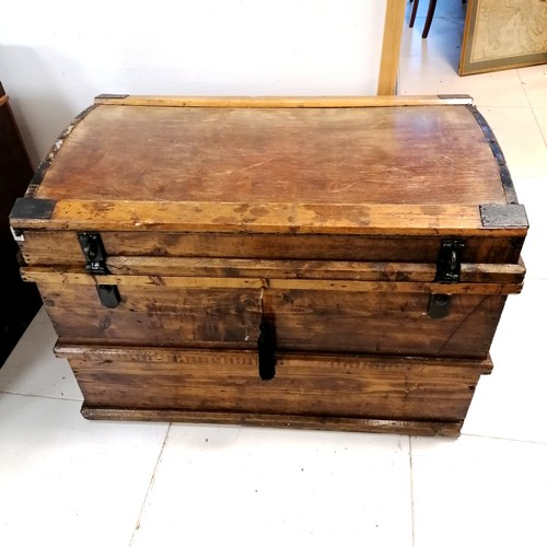 163 - Large wooden trunk with key 94cm x 57cm x 65cm high