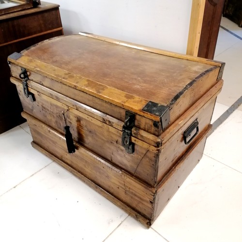 163 - Large wooden trunk with key 94cm x 57cm x 65cm high