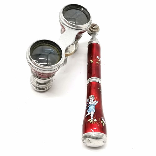 226 - Antique aluminium / red enamel opera glasses with fine detail (top of arm a/f), portrait miniature t... 