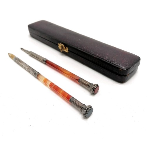 229 - Antique cased silver pen / pencil set by C F V & Co with agate shafts & stone set seal ends - box 18... 