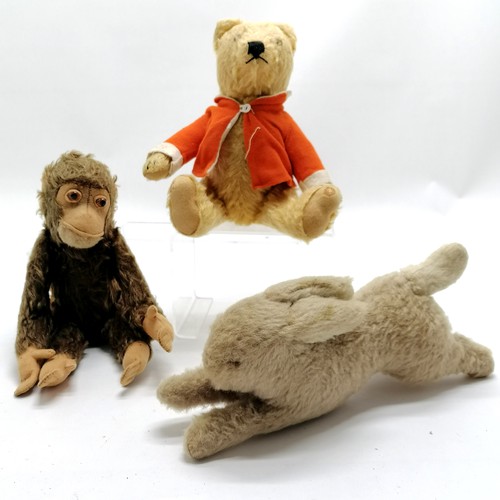 246 - 3 x vintage cuddly toys - bear, chimp (both mohair & jointed - chimp 27cm high) + hare (lacks eyes) ... 