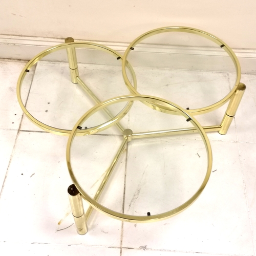 275 - Milo Baughman style 1980's unusual brass triple circular glass topped coffee table with rotating top... 