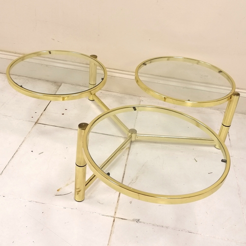 275 - Milo Baughman style 1980's unusual brass triple circular glass topped coffee table with rotating top... 