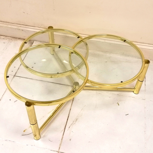 275 - Milo Baughman style 1980's unusual brass triple circular glass topped coffee table with rotating top... 