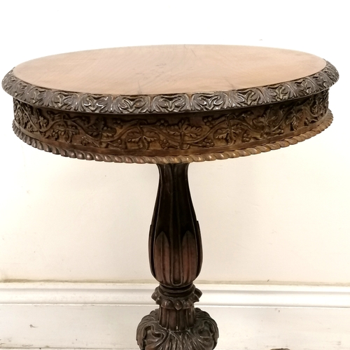 280 - Antique flame mahogany circular pedestal table with carved detail 52cm diameter 76cm high