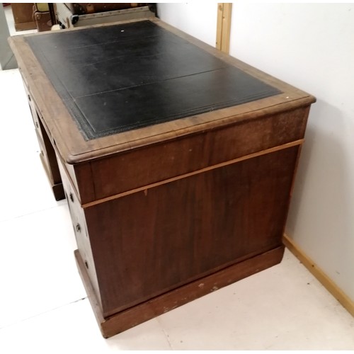 281 - Antique twin pedestal mahogany desk with dark leather top and false drawers to the back - has some l... 