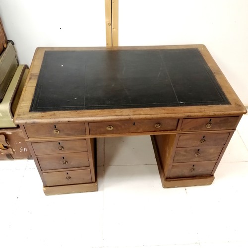 281 - Antique twin pedestal mahogany desk with dark leather top and false drawers to the back - has some l... 