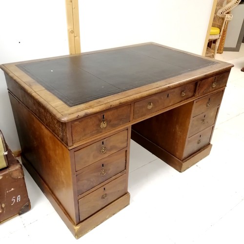 281 - Antique twin pedestal mahogany desk with dark leather top and false drawers to the back - has some l... 