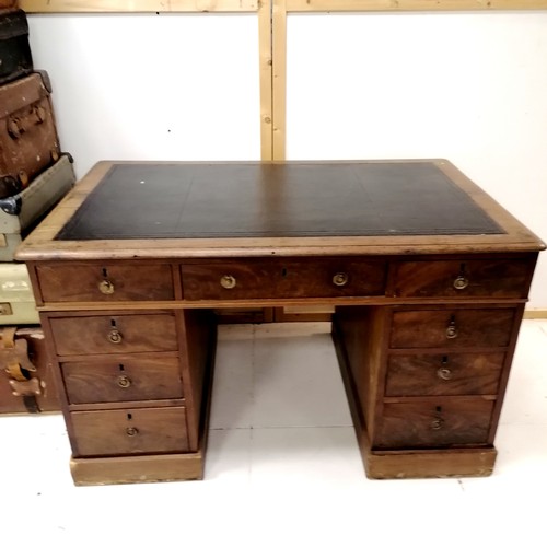 281 - Antique twin pedestal mahogany desk with dark leather top and false drawers to the back - has some l... 