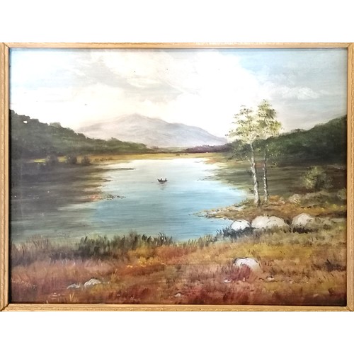 292 - H Wright oil painting on board of a lake scene with boat & mountain - frame 55cm x 66cm ~ slight los... 