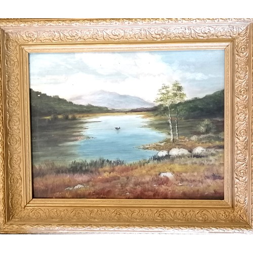 292 - H Wright oil painting on board of a lake scene with boat & mountain - frame 55cm x 66cm ~ slight los... 