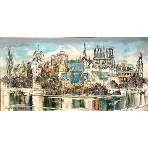 300 - 1993 Oil painting on canvas of a stylised Paris landscape signed Ramon - frame 49cm x 89cm.