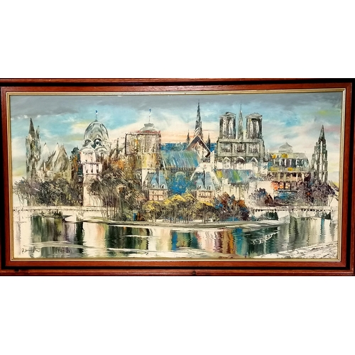 300 - 1993 Oil painting on canvas of a stylised Paris landscape signed Ramon - frame 49cm x 89cm.