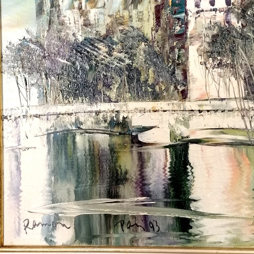 300 - 1993 Oil painting on canvas of a stylised Paris landscape signed Ramon - frame 49cm x 89cm.