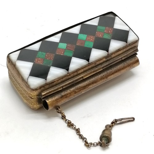 312 - Unusual gilt metal vesta case set with hardstone panels of onyx, goldstone, malachite, agate chequer... 