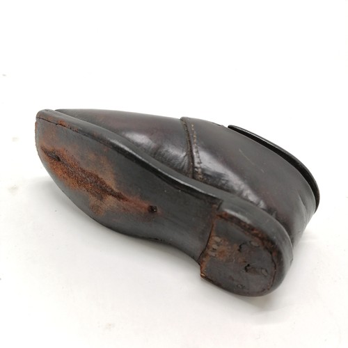 318 - Unusual antique leather snuff shoe box - 11cm long x 4.5cm high and has old repair to hinge of lid o... 