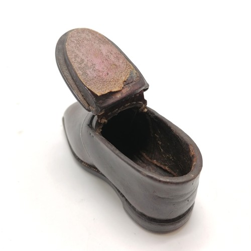 318 - Unusual antique leather snuff shoe box - 11cm long x 4.5cm high and has old repair to hinge of lid o... 