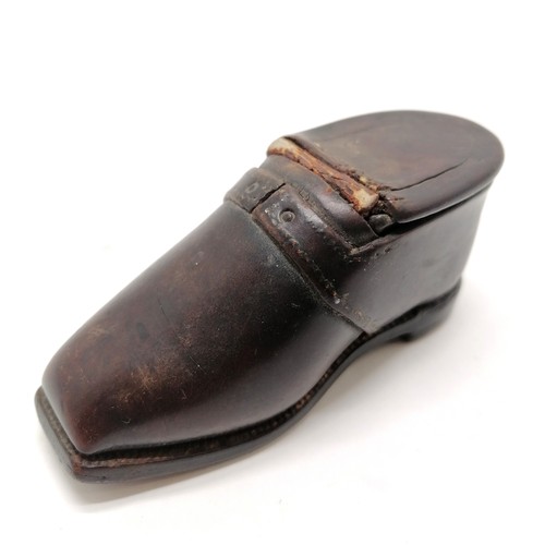 318 - Unusual antique leather snuff shoe box - 11cm long x 4.5cm high and has old repair to hinge of lid o... 