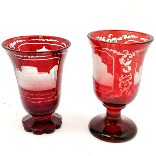 326 - 2 x antique ruby glass goblets with acid etched buildings pictured - tallest 13cm ~ both have fritte... 