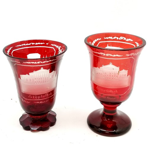 326 - 2 x antique ruby glass goblets with acid etched buildings pictured - tallest 13cm ~ both have fritte... 