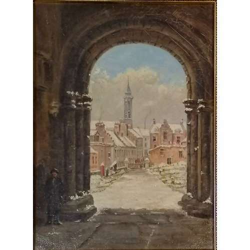 331 - 1876 antique oil painting of 'From the north porch Dunfermline Abbey' by JM (Jane Mandeville) - in a... 