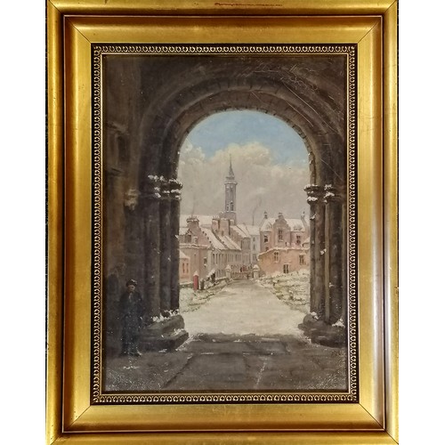 331 - 1876 antique oil painting of 'From the north porch Dunfermline Abbey' by JM (Jane Mandeville) - in a... 