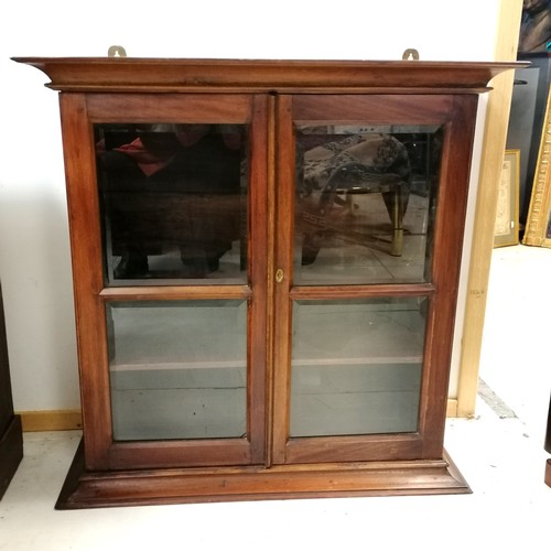 334 - Hardwood 2 door glazed wall cabinet with bevelled edge glass and key 80cm x 80cm x 30cm deep. 1 glaz... 