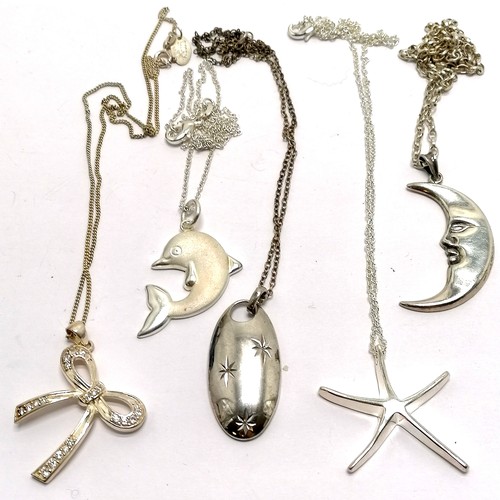 604 - 5 x 925 marked pendants on chains inc moon, dolphin etc - total weight (5) 36g